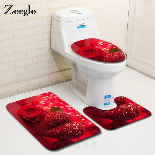 Zeegle 3pcs Bathroom Mat Set Romantic Red Heart Pattern Bath Mat Non-slip Shower Mat Toilet Floor Rugs Pedestal Rug Bath Rug Set