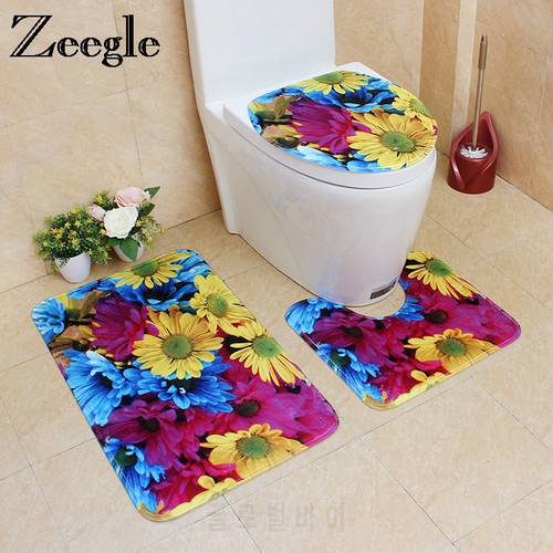 Zeegle Bath Mat 3D Flower Printed Bathroom Carpet Absorbent Mat For Toilet Bathroom Floor Mats Non-slip Bath Rugs Shower Mat