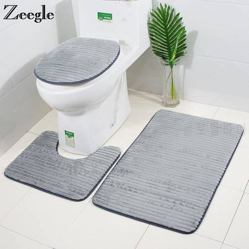 Zeeg 3Pcs Bathroom Mat Set Flannel Anti-Slip Carpet Bathroom Toliet Rug Absorbent Shower Room Mats Bath Rugs Toilet Seat Cover