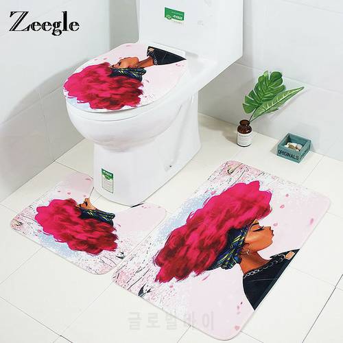 Zeeglen 3Pcs/Set Bathroom Carpet Set Indian Woman Pattern Bathroom Floor Rugs Cushion Toilet Seat Cover Microfiber Bath Mat Set