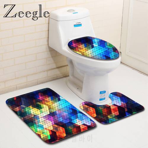 Zeegle 3pcs/set Bath Mat Bathroom Carpet Set Geometric Pattern Anti Slip Pedestal Rug Lid Toilet Cover Microfiber Shower Mats