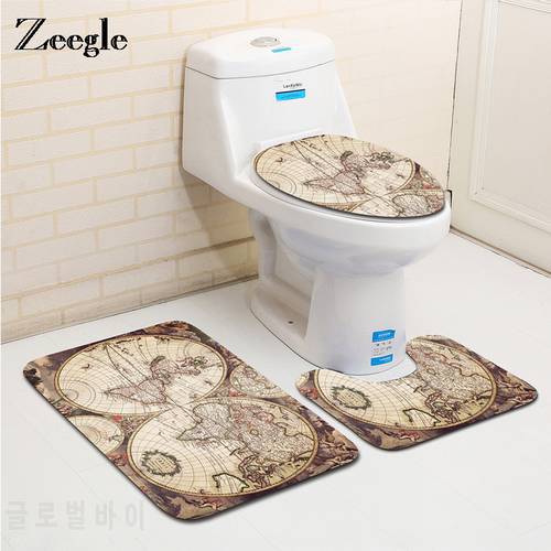 Bath Mat Set Anti Slip Bathroom Doormat Soft Shower Mat World Map Printed Bathroom Cover Toilet Seat Mat Accessories for Toilet