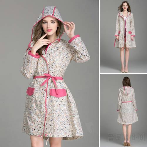 New Fashion Women Floral Waterproof Raincoat With Belt Light Breathable Rainwear Adult Brand High Quality Rain Jacket