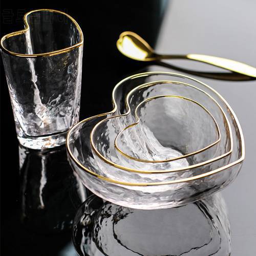 Japanese gold rim glass bowl household salad bowl heart-shaped fruit bowl water cup dessert bowl