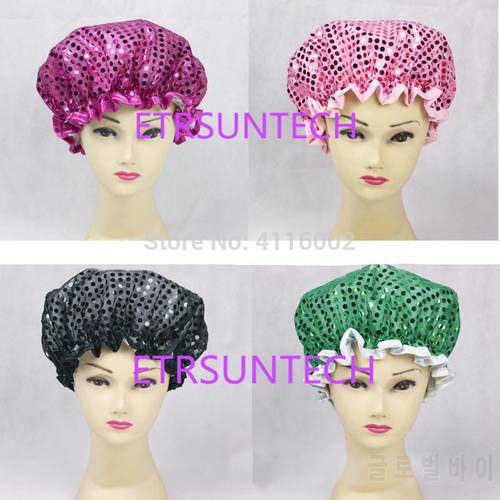 50pcs Fashion Women Waterproof Shower Cap Layers Blingbling Sequins Bathing Hair Hat Beanies Party Costume Cosplay