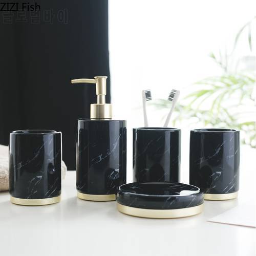 Black Marble Pattern Ceramics Bathroom Set 5 Piece Set High-end Mouth Cup Wash Toothbrush Holder Creative Bathroom Kit