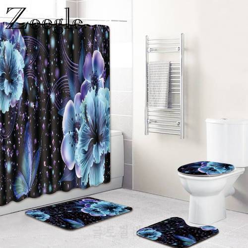 Zeegle 4 Pcs Bath Mats Anti Slip Bathroom Mat Set Coral Fleece Floor Bath Mats Washable Bathroom Toilet Rugs with Shower Curtain