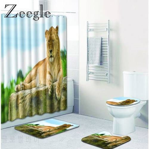Zeegle Flannel Bath Mat Animal Printed Shower Curtain Bath Mat Toilet Pad Set Character Pattern Anti-slip Toilet Pattern Carpet