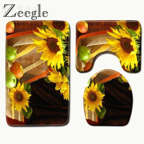 Zeegle Sunflower Pattern Bathroom Set Carpet Absorbent Non-Slip Pedestal Rug Lid Toilet Cover Bath Mat Shower Rug