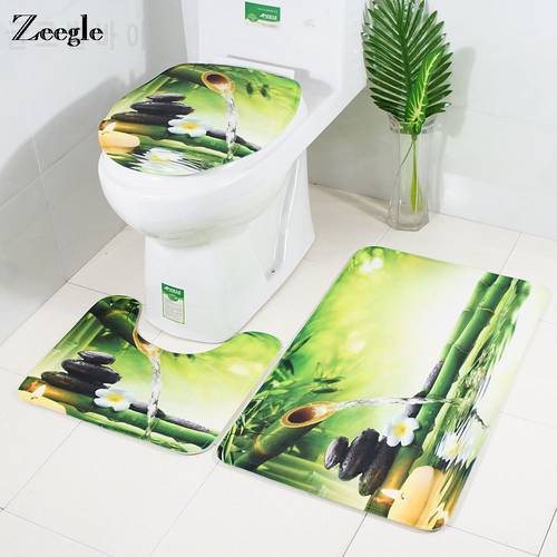 Zeegle Bamboo Printed Mat for Bathroom Toilet Rug Anti-slip Shower Room Mats Shower Carpet Set Washable Bath Rugs Foot Pad