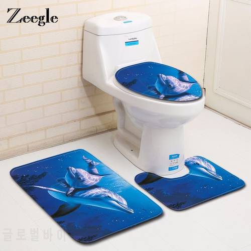3PCS Dophin Printed Bath Mat Set Flannel Bathroom Set Shower Carpet Toilet Floor Rugs Bathroom Decoration U-Shaped Toilet Mat