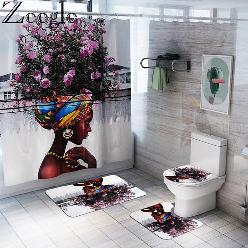 Zeegle African Women Bath Mat Shower Curtain Bath Rug Sets Bathroom Carpet Toilet Bath Mat Set Non Slip Home Toilet Floor Mat