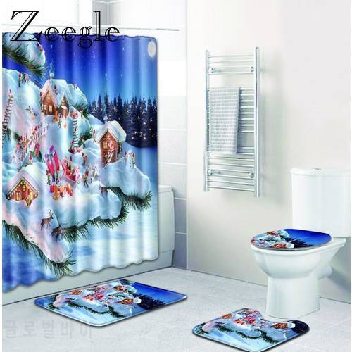 Zeegle Bathroom Mat and Shower Curtain 4PCS Christmas Pattern Shower Carpet Water Absorbent Mats Washable Rug Toilet Floor Mat