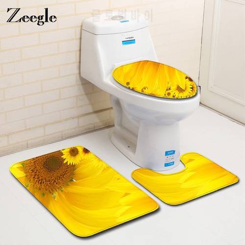 Zeegle 3pcs Bathroom Carpet Non-slip Lid Cover Carpet Shower Mat Flannel Toilet Seat Cover Bath Rugs Flower Pattern Bath Mat