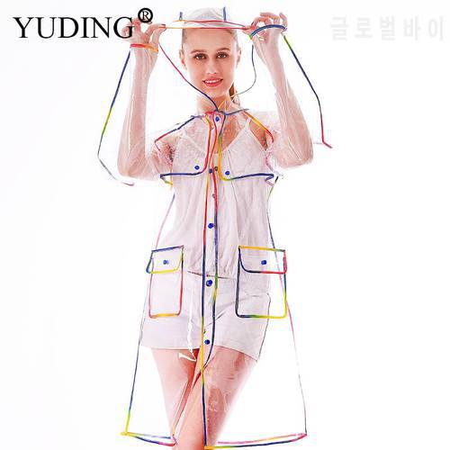Yuding Transparent Raincoat Clear Rainwear Hooded Outdoors Waterproof Rain Coats Unisex Ladies Long Ponchos For Woman