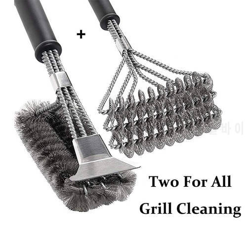 Stainless Steel Grill Cleaning Brush Scraper Non-Stick BBQ Tools Wire Bristles Cleaner With Handle Barbecue Cook Accessories