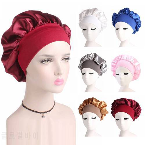 High quality satin fabric Wide-brimmed high-elastic headband with nightcap Ms. Shower Cap Hair Care Hat Adjustable sizes