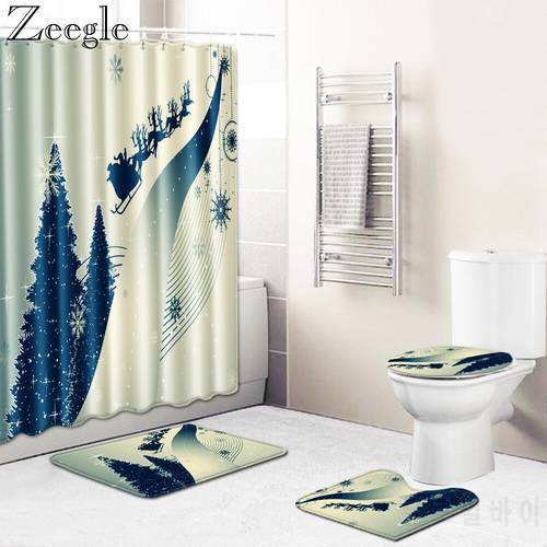 Zeegle 4pcs Christmas Bath Curtain Waterproof Shower Curtain Washable Bathroom Carpet Set Foot Mat Absorbent Toilet Cover Mat