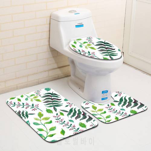 Zeegle Plants Leaf Printed 3Pcs Toilet Rug Set Bathroom Carpets Anti-slip Toilet Floor Rugs Shower Room Mats Bathroom Rugs Set
