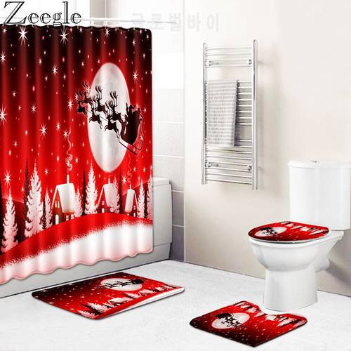 Christmas Bathroom Mat and Waterproof Shower Curtain Anti-slip Bathroom Carpet Toilet Cover Mat Absorbent Bath Rug Foot Mat