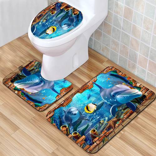 Toilet Seat Cover Dolphin 3 Piece Bath Mat Set 3D Bedroom Rugs Bathmate Antislip Doormat Carpet for Home Decor 45*75cm