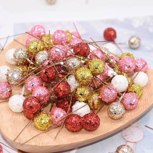 50/100/200pcs Glitter Fruit Stamens Cherry Christmas Artificial Flower Red Berries Beads for Christmas Tree Xmas Gift Decoration