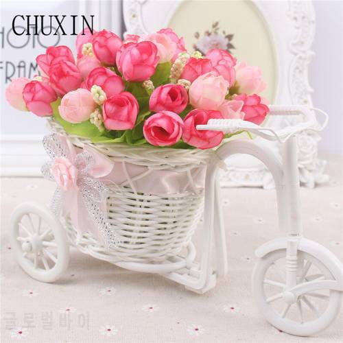 One Set Artificial Rose( Rattan Floats Vase+Flower) Silk Rose with Rattan Frames for Bicycles Decorative for Home Decor