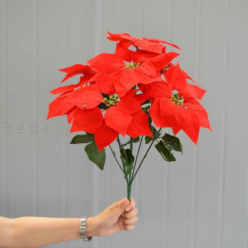 Real Touch Flannel Artificial Christmas Flowers Red Poinsettia Bushes Bouquets Xmas Tree Ornaments Centerpiece
