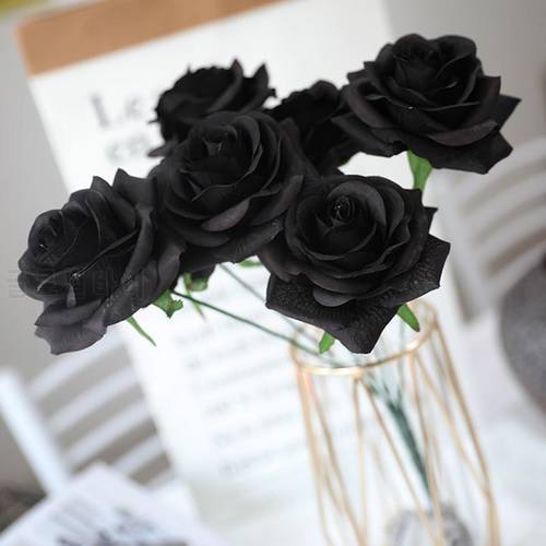 7 heads Black rose artificial flower bouquet for home wedding decoration Halloween Christmas party decoration single silk flower