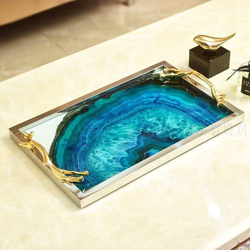 North European and American style blue agate stone pattern large tray Home Decoration Plates With Gold Frame Handle