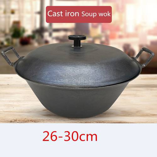 Cast Iron Pot flat Bottom Big Thick Cast Iron cooking Wok fry pan soup pot Uncoated Non stick Pot Wok Casserole Stew Pot