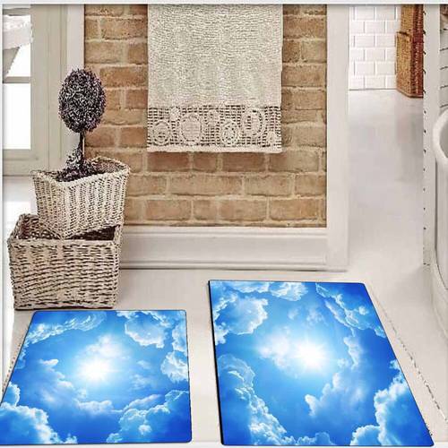 Else Blue Sky White Clouds Shine Sun 2 Pcs 3d Pattern Print Bath Mats Anti Slip Soft Washable Bathroom Mat Toilet Rugs