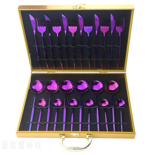 24Pcs Purple Dinnerware Set Knife Fork Spoon Cutlery Set 304 Stainless Steel Mirror Tableware Set Party Kitchen With Gift Box