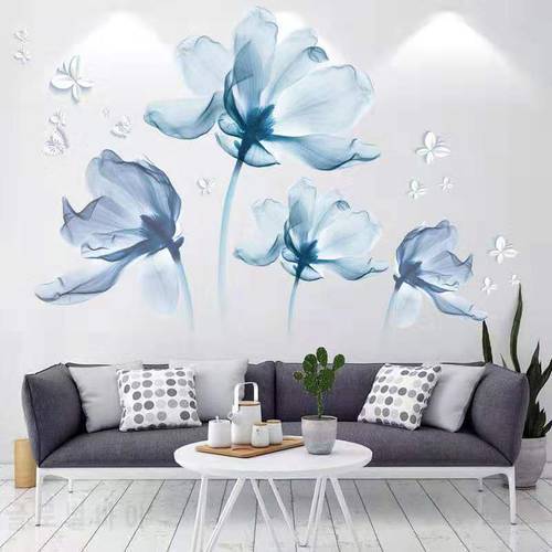 Large 3D Blue Flower Butterfly Living Room Wedding Bedroom Decoration Vinyl Wall Stickers DIY Modern Home Decor Wall Art Poster