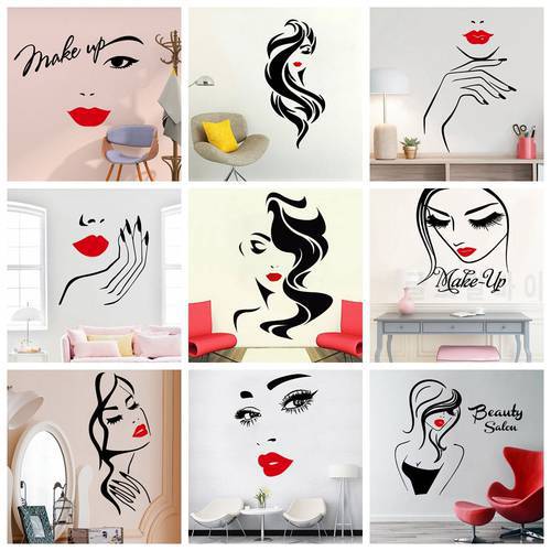 Beauty Salon Wall Sticker Beautiful Lady Hairdresser For Lady&39s Red Lips Vinyl Makeup Sticker Hair Hairdo Barbers Decal