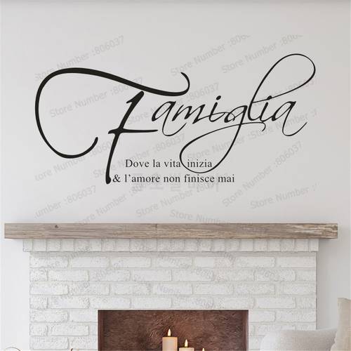 Italian Family Quote Vinyl Decals Where life begins love never ends Lettering Wall Art Sticker Home Interior Decoration WL569
