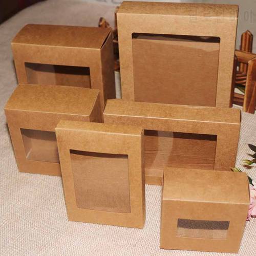 10 Pcs DIY Vintage color Kraft paper gift box package with clear pvc window candy favors arts&krafts display package box