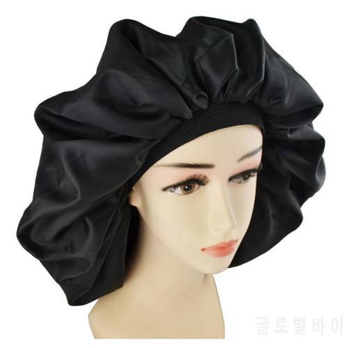 High Quality Super Waterproof Shower Female Hair Care Cap Large Satin Silk Bonnet Sleep Cap Luxurious Fabric Premium Black