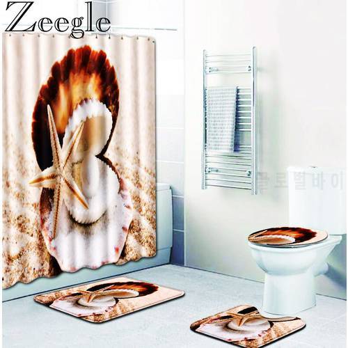 Zeegle 4Pcs Bathroom Shower Curtain Pedestal Toilet Seat Mat Lid Bath Mat Underwater World Home Decor Bathroom Carpet