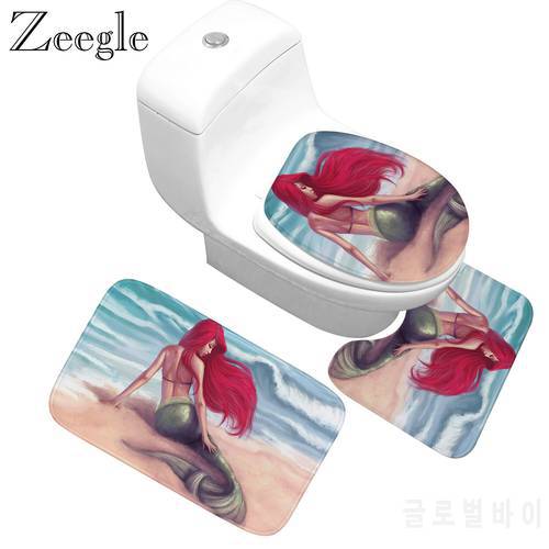 Zeegle Mermaid Printed 3pcs/set Bath Rugs Bathroom Set Anti Slip Washable Shower Carpet Soft Decor Toilet Seat Tank Cover Rug