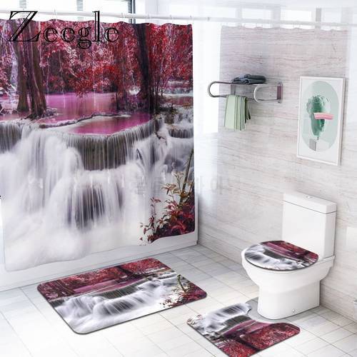 Scenic Printed Bath Mat and Shower Curtain Set Bathroom Rug Set Toilet Foot Mat Non Slip Shower Mat Bathroom Floor Mats