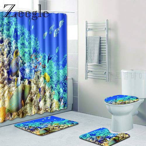 Sea World Bathroom Floor Mat Home Decor Bath Rug Toilet Foot Pad Bath Mat and Shower Curtain Set Bathroom Rug Set