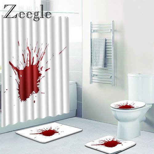Zeegle Halloween Bloody Microfiber Bath Mat with Shower Curtain 4PCS Rug Anti Slip Toilet Floor Mat Water Absorbing Bath Rugs