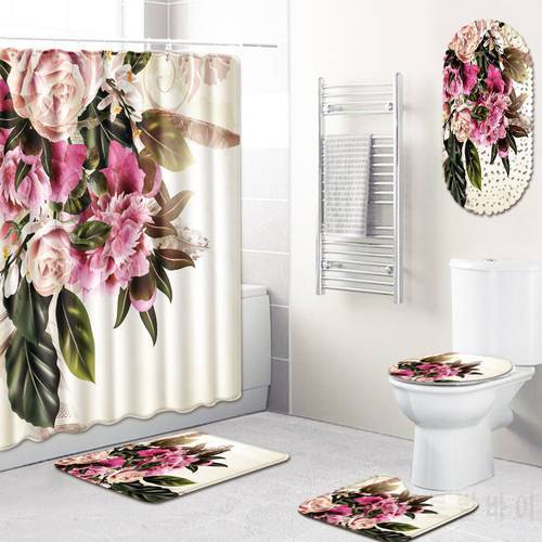 Floral 5pcs/set Shower Curtain Set Anti Slip Carpet Bathroom Rug Set with Shower Mat PVC for Home Decor Bath Mat Toillete Cover