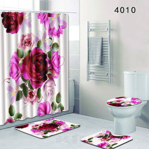 4pcs/lot Bathroom Rug Rose Bath Mat and Shower Curtain Set Bedroom Carpet Accessories Toilet Seat Covers for Home Decor