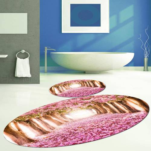 Else Pink Tree Leaves on Love Way Oval 2 Pcs 3d Pattern Print Bath Mats Anti Slip Soft Washable Bathroom Mat Toilet Rugs