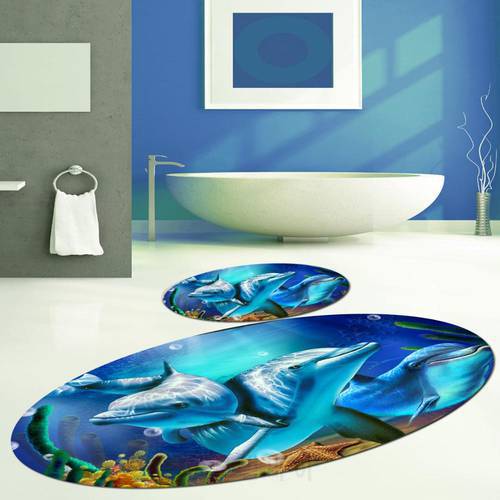 Else Blue Under Sea Swimming Dolphin Fish Oval 2 Pcs 3d Pattern Print Bath Mats Anti Slip Soft Washable Bathroom Mat Toilet Rugs