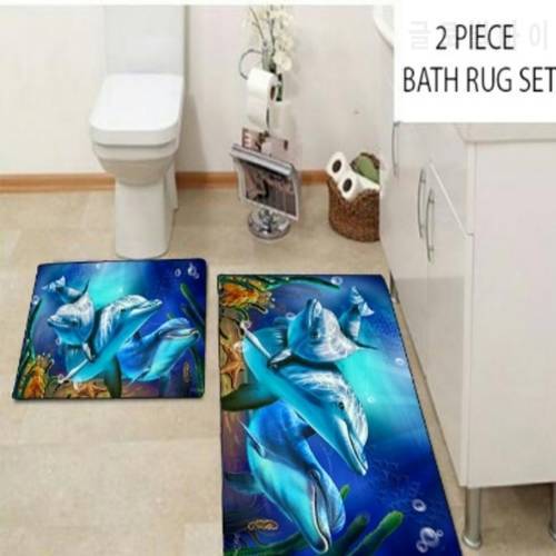 Else Tropical Blue Under Sea Dolphins Fishes 2 Pcs 3d Pattern Print Bath Mats Anti Slip Soft Washable Bathroom Mat Toilet Rugs