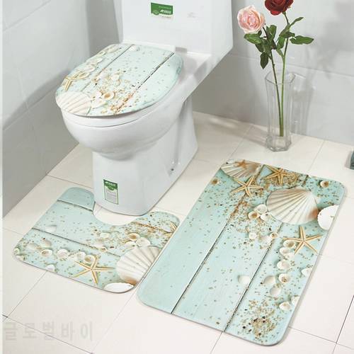 Non-slip Rug Lid 3Pcs Bathroom Set Flannel Star fish Shell Toilet Pedestal Mat Polyester Flannel for Living Bed Room Washable