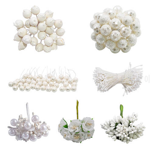 White Series Artificial Flower Stamen Berries Bundle for Wedding Christmas Decoration DIY Gift Box Xmas Wreaths New Year Decor